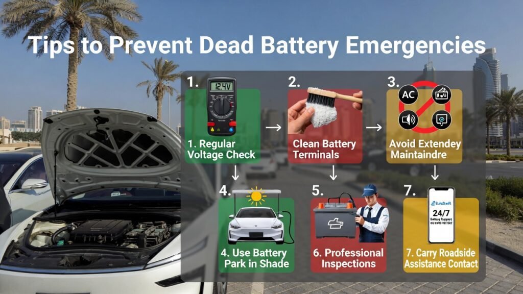 Infographic showing tips to prevent dead car battery emergencies in Dubai, including voltage checks, cleaning terminals, avoiding extended idle, using battery maintainers, parking in shade, professional inspections, and roadside assistance.
