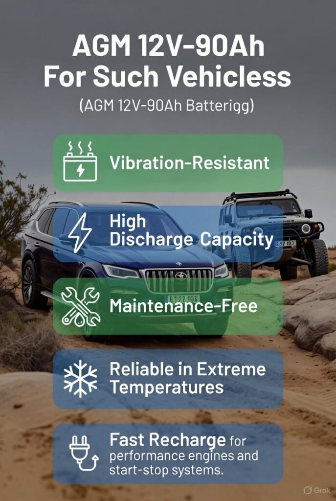 AGM 12V-90Ah battery for luxury SUV AGM 12V-90Ah installed in 4x4 vehicle