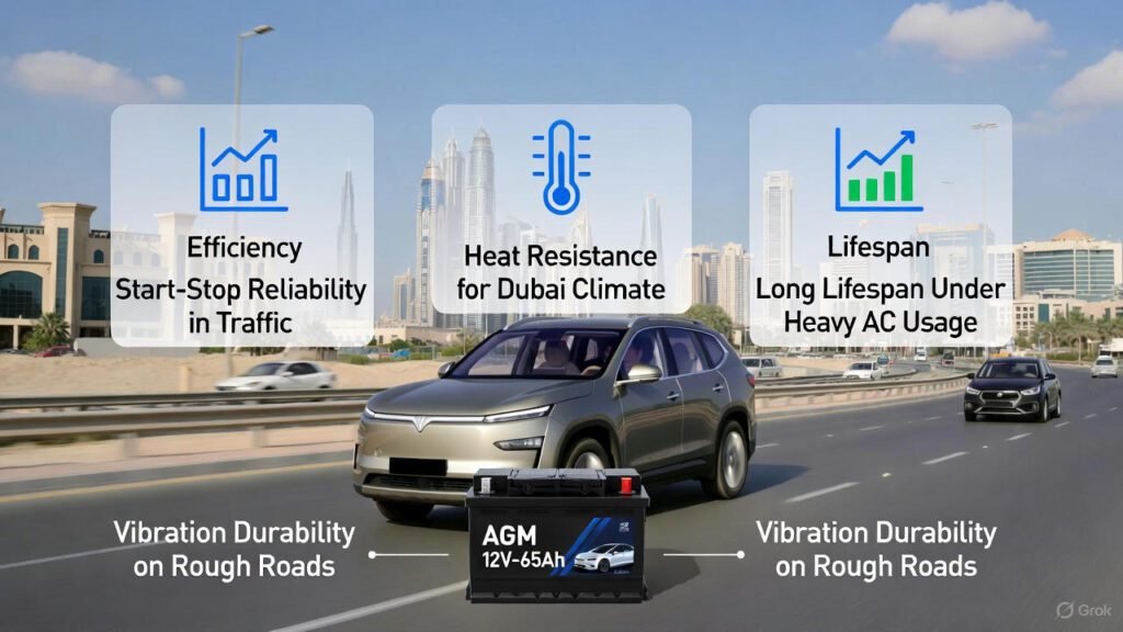 Case study visual showing AGM 12V-65Ah battery performance in Dubai SUVs with key metrics.