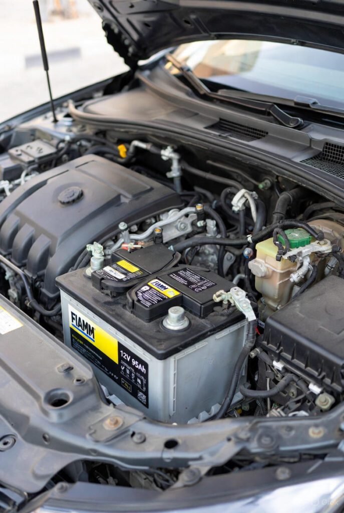 Ultra-realistic FIAMM 12V 95Ah battery installed in a modern car engine bay, premium lighting, sharp focus, FIAMM label visible, heat-resistant casing, modern car electronics visible, Dubai urban background, realistic shadows, professional automotive photography style, no people, no text overlay, 3D angle