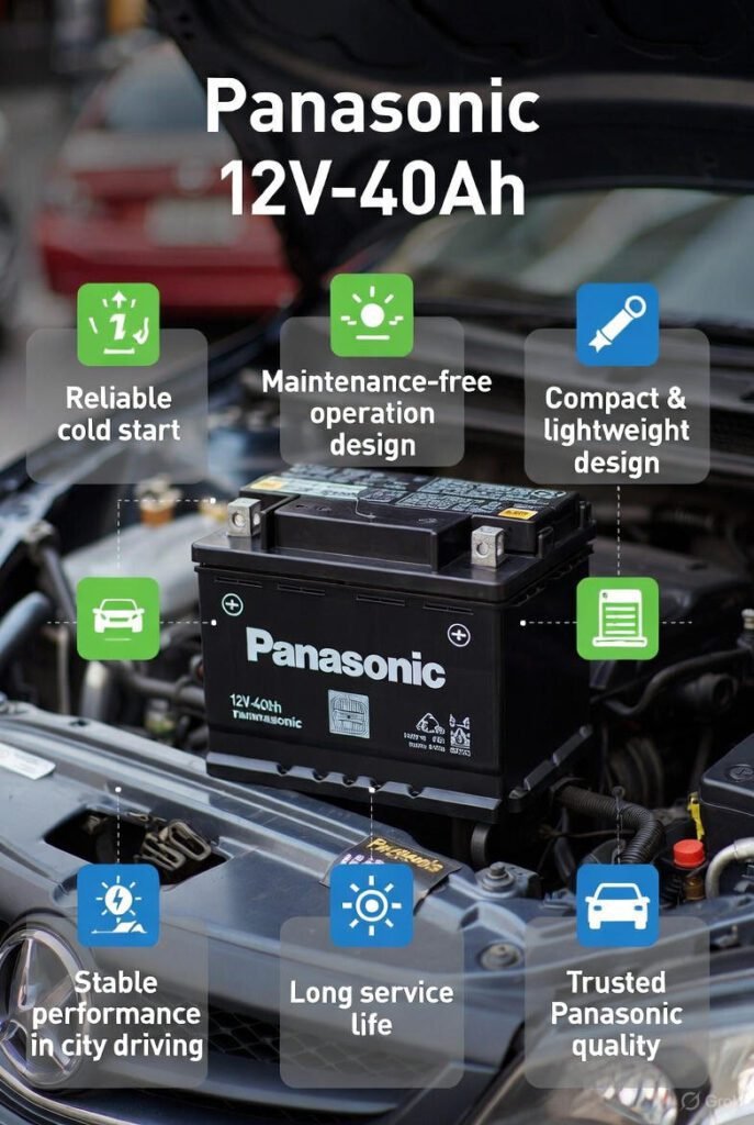Visual guide highlighting the benefits of using Panasonic 12V–40Ah car battery.