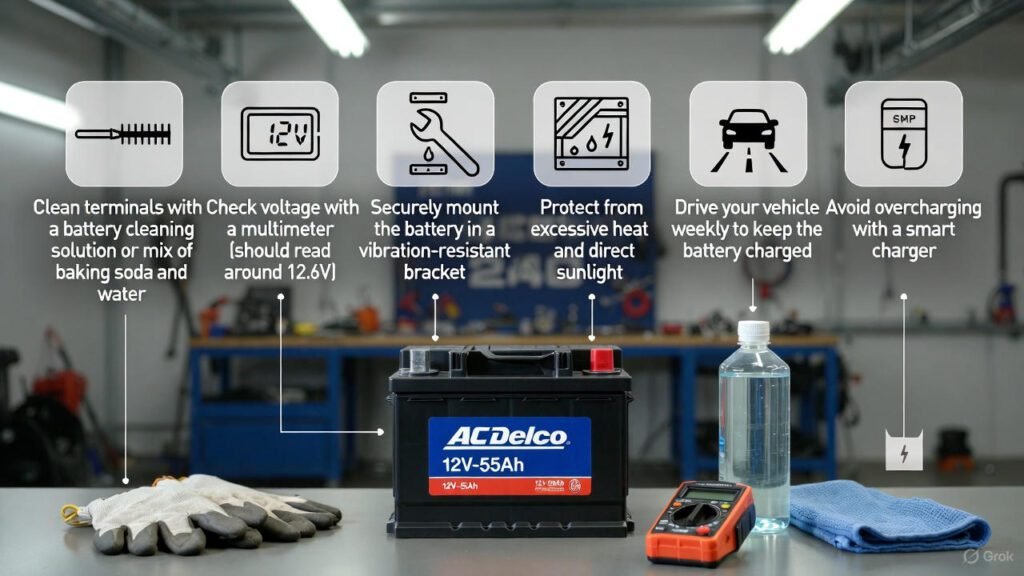 “AC Delco 12V-55Ah battery maintenance guide showing cleaning, voltage check, heat protection, secure mounting, and smart charging tips.”