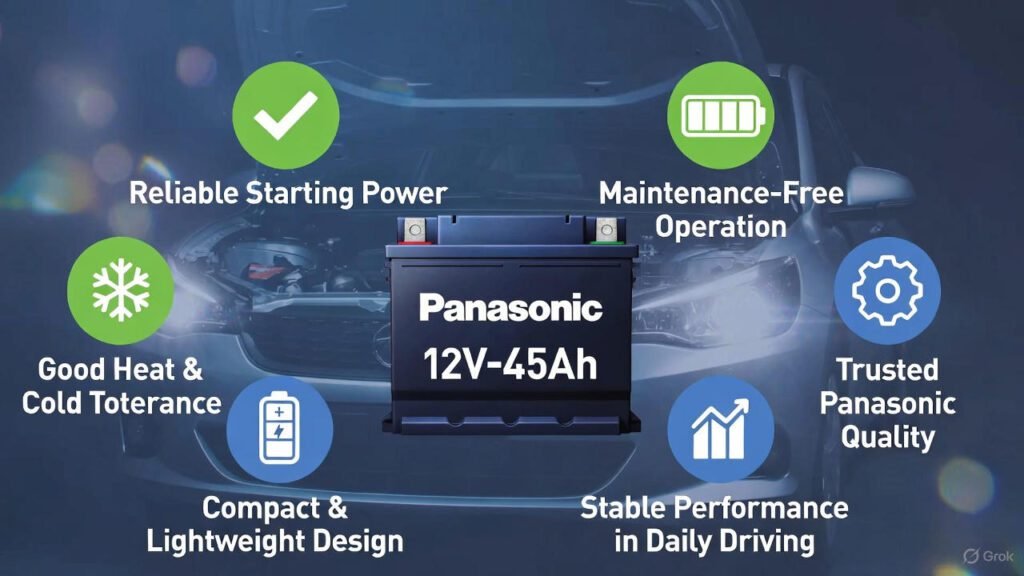 Advantages of Panasonic 12V β 45Ah β Automotive Battery Benefits Guide Visual guide showing key advantages of Panasonic 12V β 45Ah battery with icons and labels.