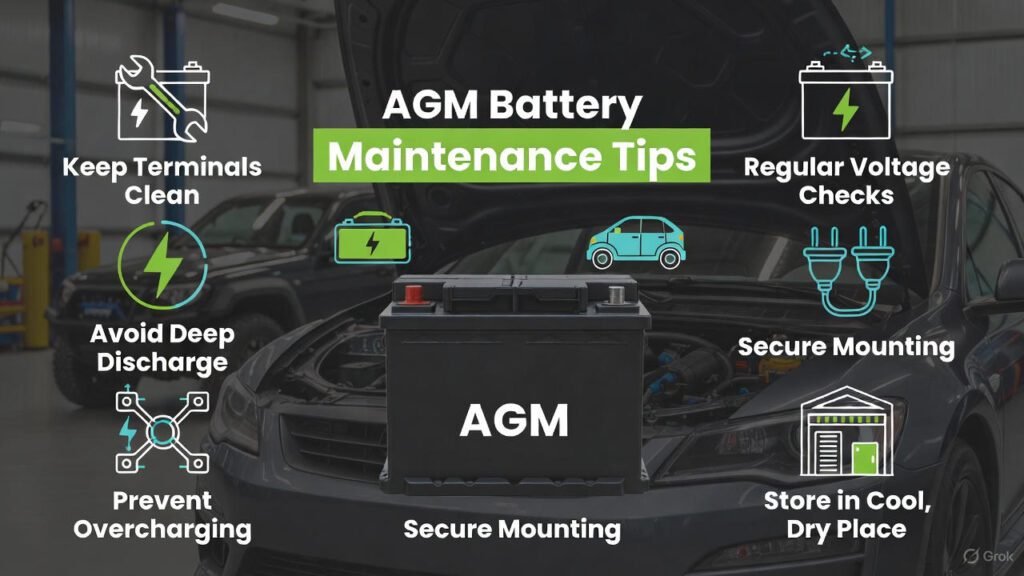 Visual guide showing essential maintenance tips for AGM batteries with icons and labels.