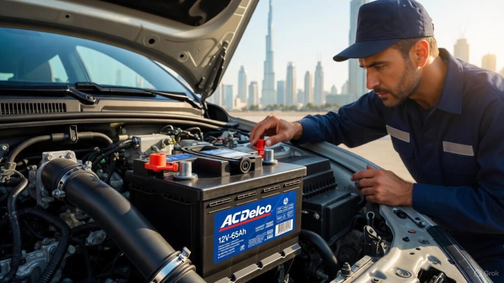 AC Delco 12V-65Ah car battery installed in Dubai SUV