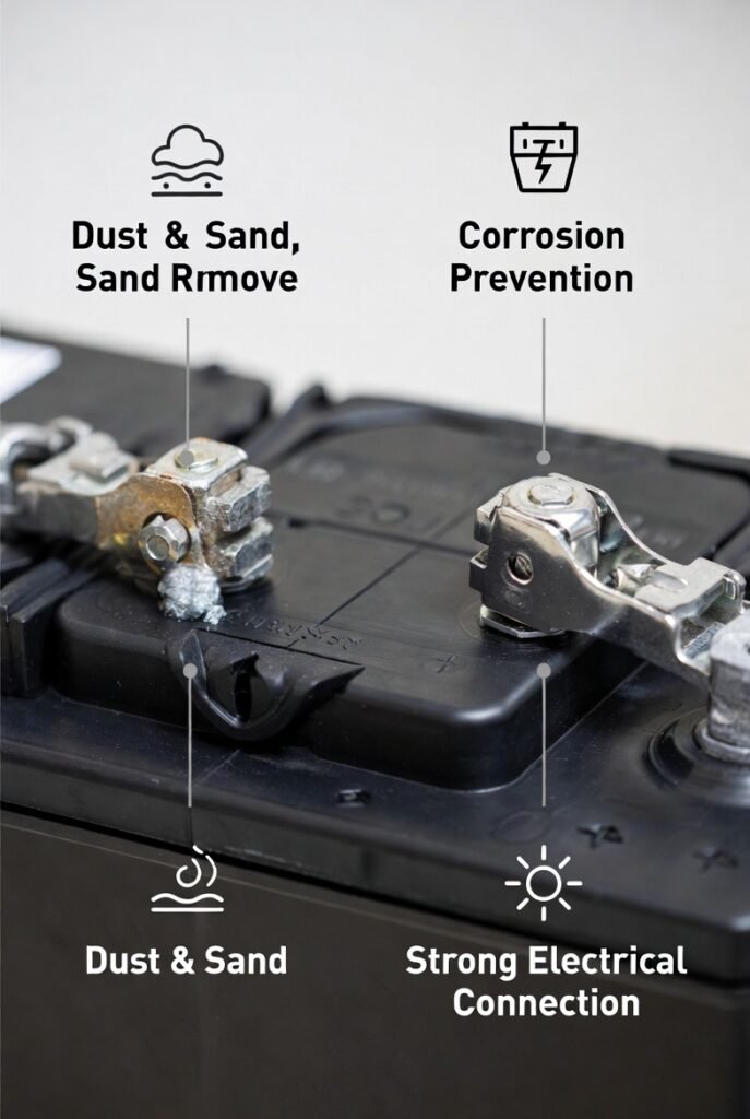 UAE ke dusty aur high-heat environment mein battery terminals par mitti, sand aur corrosion jaldi jam jati hai. Yeh buildup electrical resistance barhata hai, jis se voltage loss, weak starting aur charging system par extra load parta hai. Regular terminal cleaning battery performance aur lifespan dono improve karti hai.