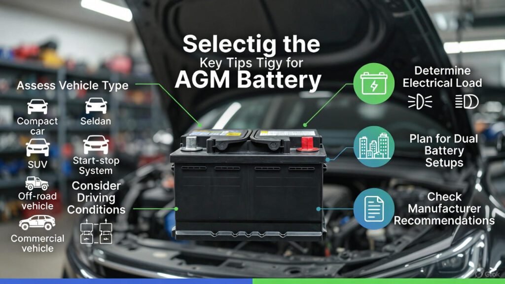 Tips for Selecting the Right AGM Battery Capacity — Vehicle & Load Guide Visual guide showing tips to select the right AGM battery capacity for various vehicle types and conditions.
