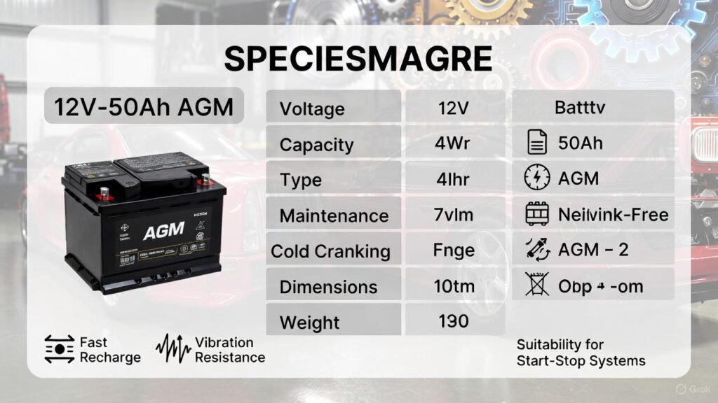 AGM 12V-50Ah specifications table visual showing key features and technical details.
