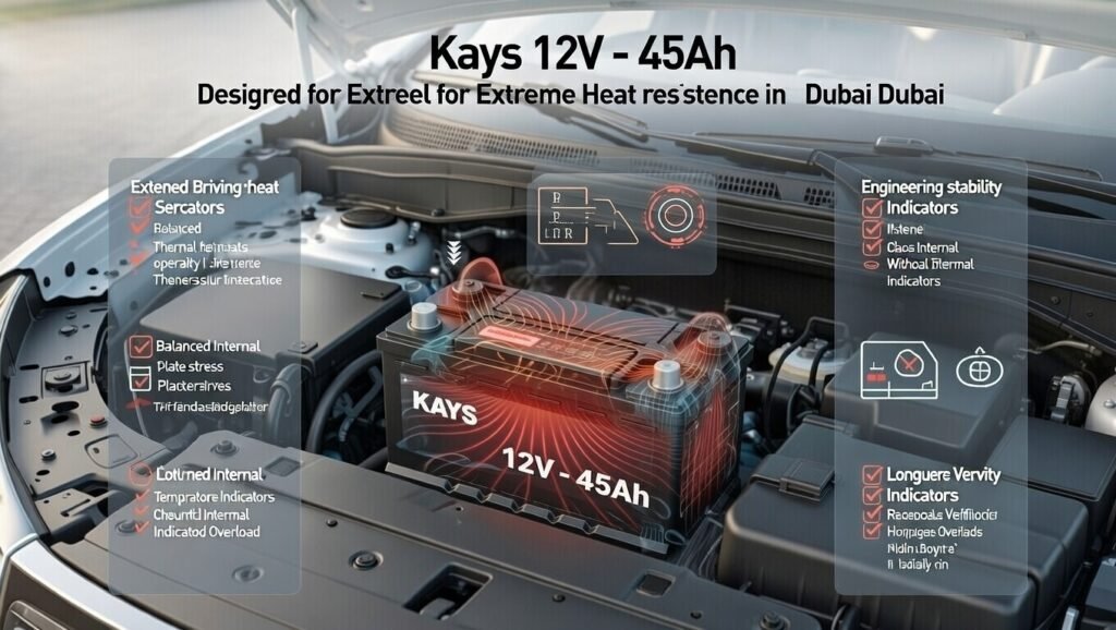 Kays 12V – 45Ah car battery heat distribution design for high-temperature driving conditions in Dubai