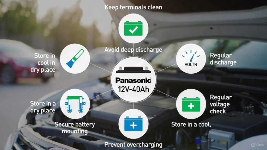 Visual guide showing essential maintenance tips for Panasonic 12V–40Ah car battery.