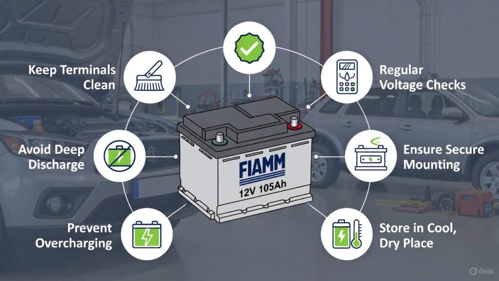 Visual guide showing essential maintenance tips for FIAMM 12V 105Ah battery with icons and labels.