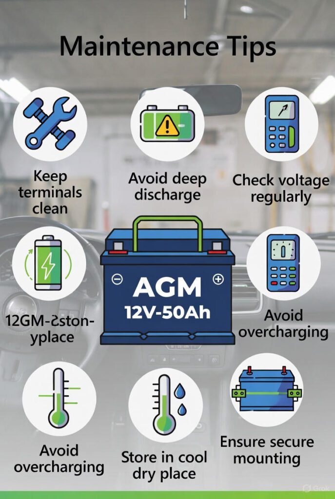 Visual guide showing maintenance tips for AGM 12V-50Ah battery with icons and labels.