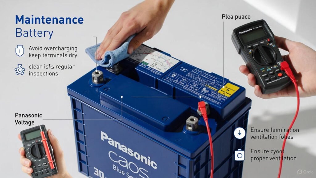 Maintenance Tips for Panasonic CAOS Blue Series Batteries Panasonic CAOS Blue Series battery maintenance tips showing terminal cleaning, voltage checking, and secure installation.