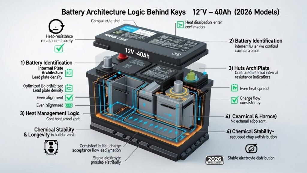 Internal architecture of the Kays 12V – 40Ah battery engineered for balanced heat control and consistent charge performance.