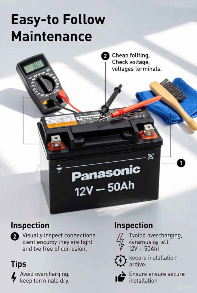 Panasonic 12V – 50Ah battery maintenance tips showing terminal cleaning, voltage checking, and secure installation.