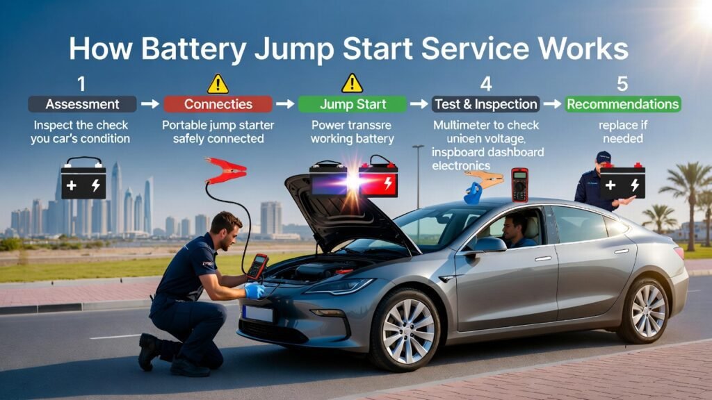 Infographic showing step-by-step battery jump start service, including assessment, connection, jump start, test & inspection, and replacement recommendations in Dubai.