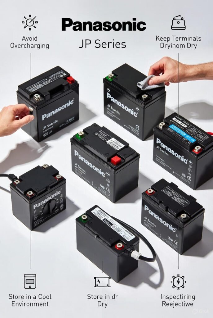 Maintenance Tips for Panasonic JP Series Batteries Panasonic JP Series battery maintenance tips showing terminal cleaning, voltage checking, and proper installation across multiple battery sizes.