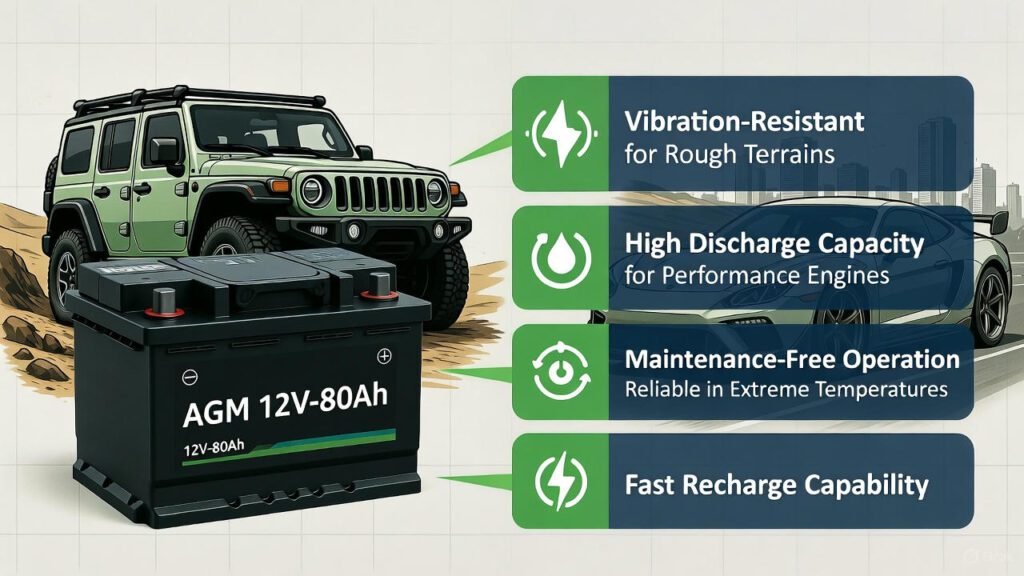 Why AGM 12V-80Ah Is Ideal for Off-Road & Performance Vehicles โ Key Benefits Visual Guide Visual guide showing why AGM 12V-80Ah battery is suitable for off-road and performance vehicles.