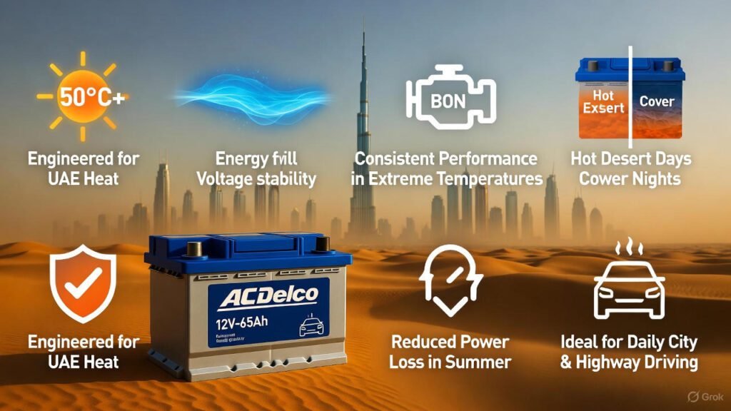 Why AC Delco 12V-65Ah Battery Is Ideal for Dubai Climate โ Heat-Resistant Power for Extreme UAE Weather 2026 AC Delco 12V-65Ah car battery designed for Dubai climate, showing heat resistance, stable voltage output, and reliable starting power in extreme temperatures