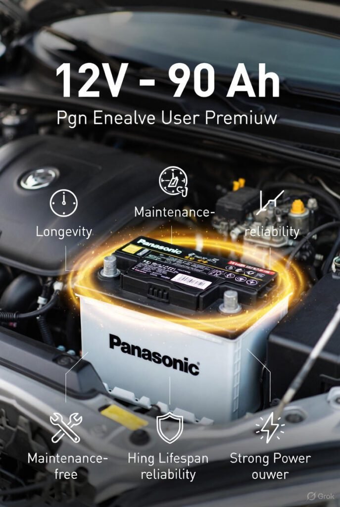 Panasonic 12V – 90Ah battery highlighting durability, maintenance-free use, and reliable performance.