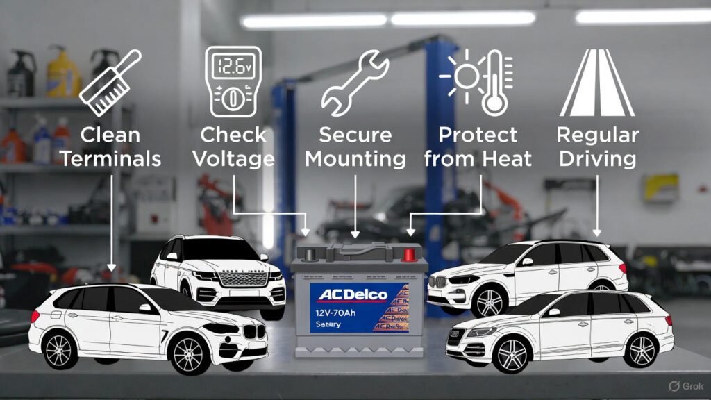“AC Delco 12V-70Ah battery maintenance tips visual guide with premium SUVs for brand comparison, showing voltage check, terminal cleaning, heat protection, and secure mounting.”