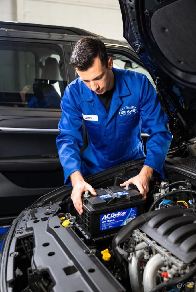 Alt Text: EuroSwift Auto Services AC Delco 12V-105Ah battery replacement Dubai