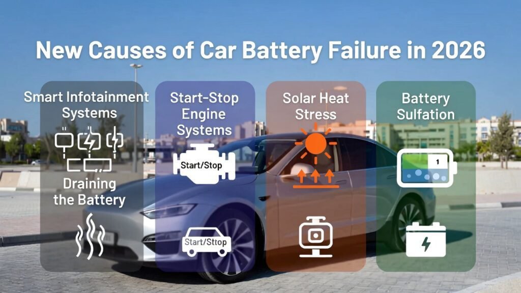 "New causes of car battery failure in 2026 – smart infotainment drain, start-stop engines, heat stress, battery sulfation, corrosion in Dubai"