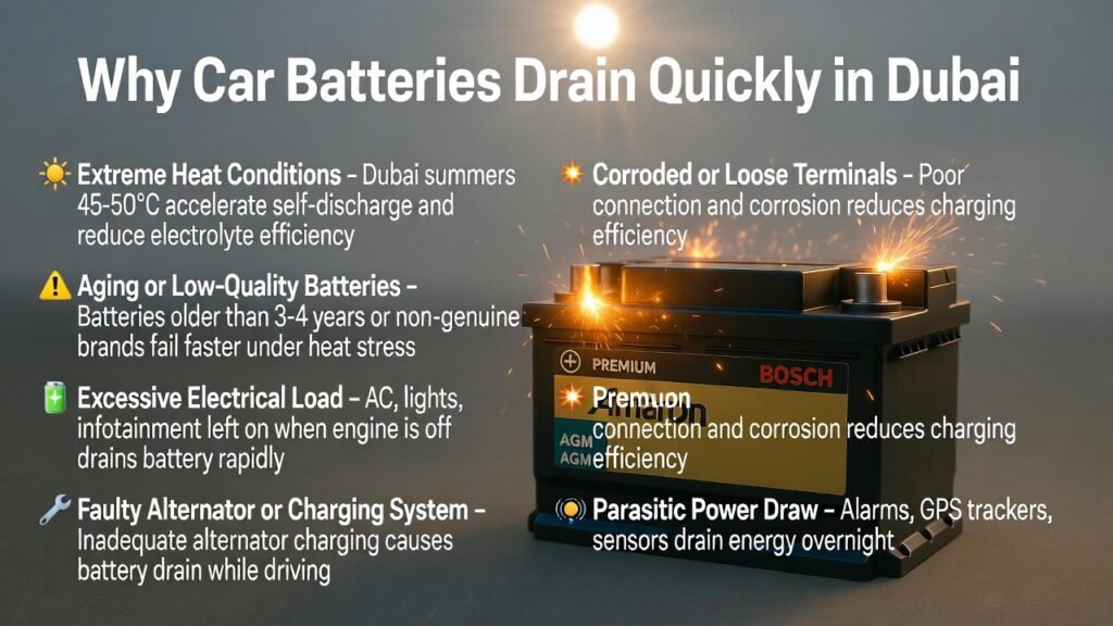 Feature image showing a premium car battery with glowing terminals and animated spark effects, title "Why Car Batteries Drain Quickly in Dubai" at the top, and six key reasons displayed on the sides: heat, aging, electrical load, corroded terminals, faulty alternator, parasitic power draw.