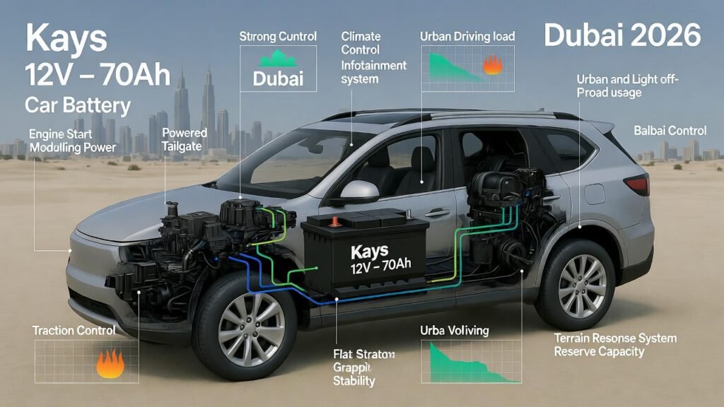 Kays 12V – 70Ah car battery powering SUV electrical systems for urban and off-road driving stability