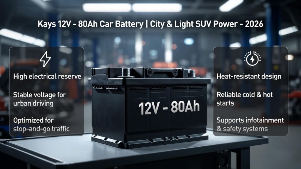 Kays 12V – 80Ah car battery for city cars and light SUVs showing high electrical reserve, heat tolerance, and stable urban performance in 2026