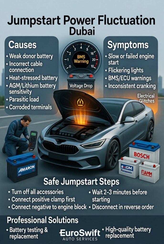 “Animated user guide showing a modern car in Dubai under heat with battery inspection, glowing dashboard warnings, voltage fluctuations, and branded batteries like Amaron, Bosch, Exide, and AGM.”