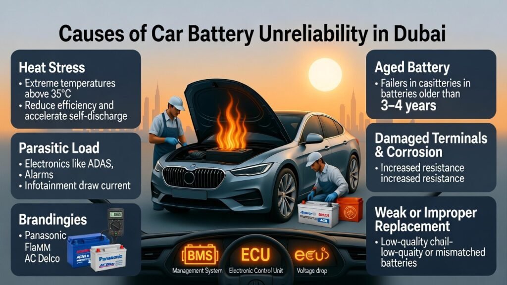 “Animated user guide showing a modern car in Dubai with battery highlighted, dashboard warning icons for BMS/ECU glowing, illustrating causes of car battery unreliability including heat stress, parasitic load, aged battery, damaged terminals, weak replacement, and incorrect jumpstart, with branded batteries like Amaron, Bosch, Exide, AGM, Panasonic, FIAMM, AC Delco.”