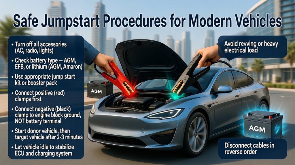 “Animated user guide showing a modern car in Dubai safely jumpstarted, highlighting step-by-step safe battery procedures, positive and negative clamp placement, and branded batteries like Amaron.”