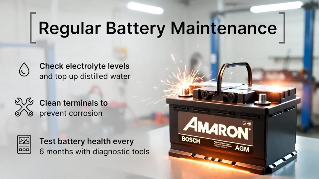 Feature image showing a premium car battery with animated spark effects, title "Regular Battery Maintenance" at the top, and three key maintenance tips on the sides: check electrolyte, clean terminals, and test battery health.