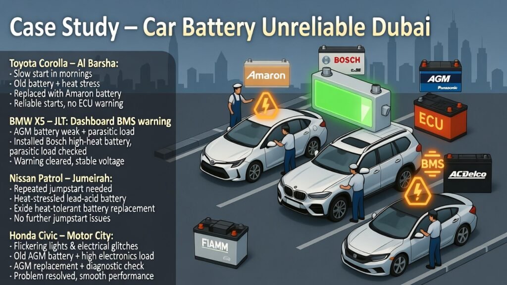 “Animated user guide showing a Dubai street with four vehicles (Toyota Corolla, BMW X5, Nissan Patrol, Honda Civic), technicians inspecting batteries, glowing dashboard warning icons for BMS and ECU, highlighting case study of unreliable car batteries, with branded batteries like Amaron, Bosch, Exide, AGM, Panasonic, FIAMM, and AC Delco near each vehicle.”