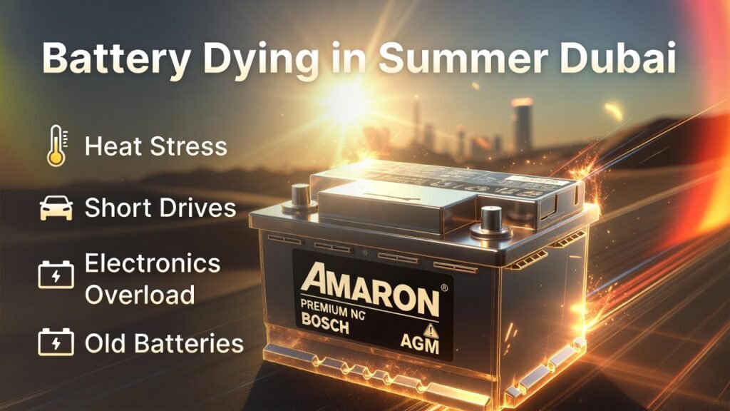 Feature image showing a car battery overheating in Dubai summer, with title "Battery Dying in Summer Dubai" at the top, key bullet points on the sides, and premium brand battery in the center with animated energy effects.