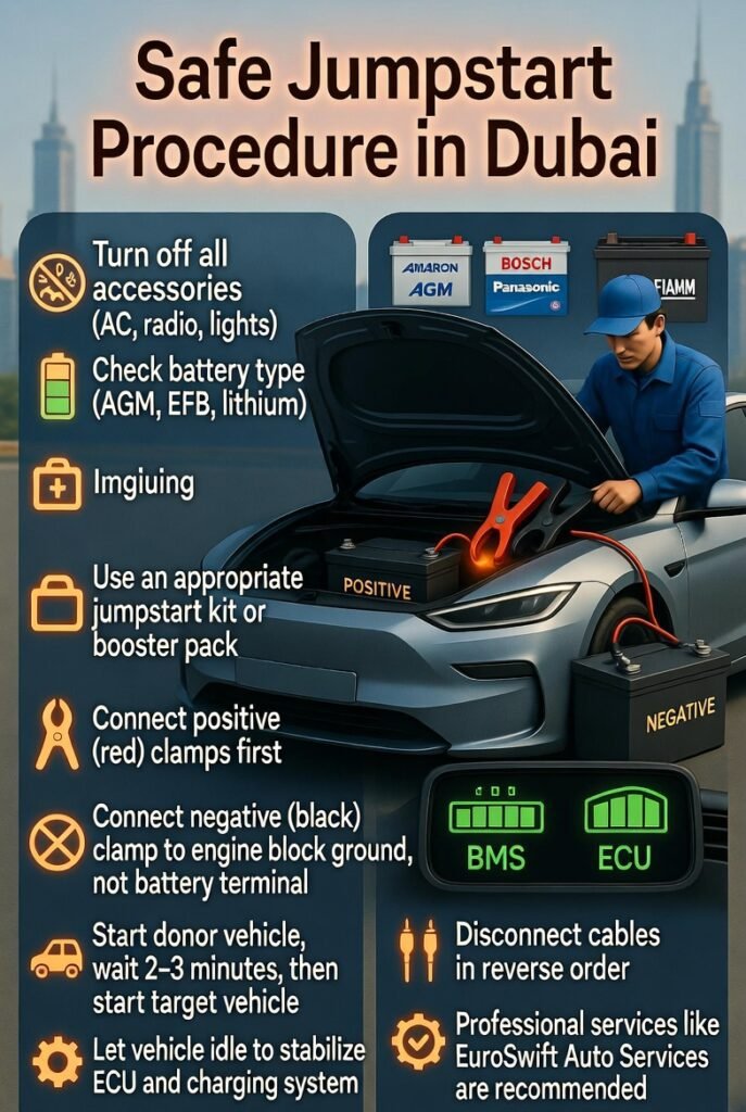“Animated user guide showing a modern car in Dubai being safely jumpstarted by a technician, with positive and negative clamps properly connected, dashboard icons stable, and branded batteries like Amaron, Bosch, Exide, and AGM highlighted.”