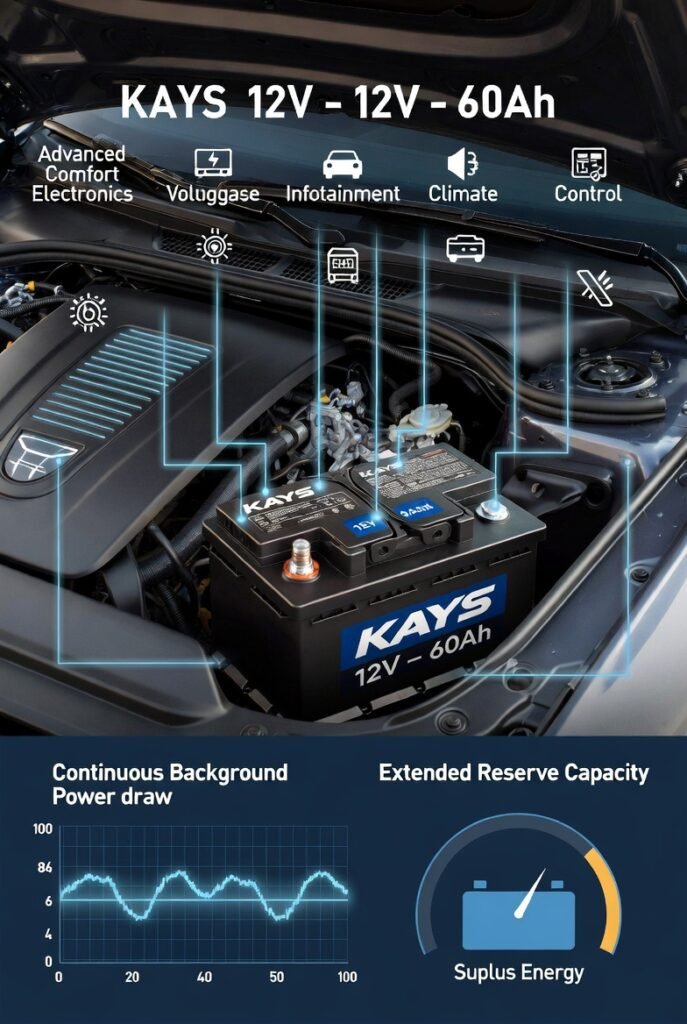 Kays 12V – 60Ah car battery for premium sedans showing stable voltage supply, extended reserve capacity, and refined electrical continuity