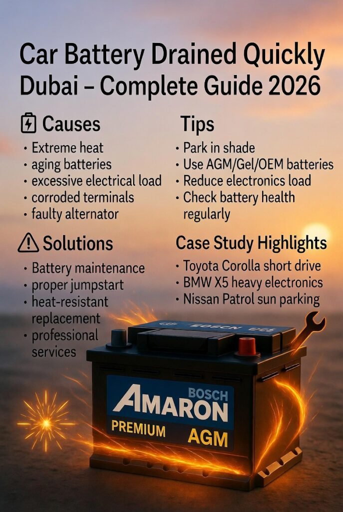 Feature image showing a premium car battery with glowing terminals and animated spark effects, title "Car Battery Drained Quickly Dubai – Complete Guide 2026" at the top, and key points on the sides summarizing causes, solutions, tips, and case study highlights.
