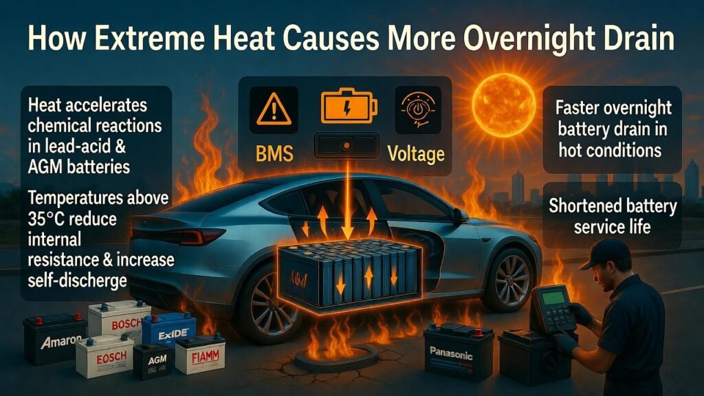 “Animated user guide showing a modern car in Dubai under extreme heat, highlighting battery chemical reactions, self-discharge, dashboard warnings, and branded batteries like Amaron, Bosch, Exide, and AGM.”