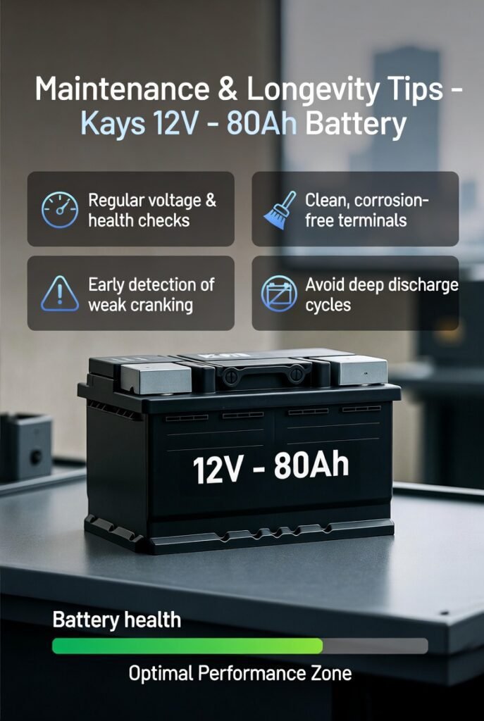 Maintenance & Longevity Tips for Kays 12V β 80Ah Car Battery (2026) Maintenance and longevity tips for Kays 12V β 80Ah car battery showing voltage checks, clean terminals, and discharge prevention for urban vehicles