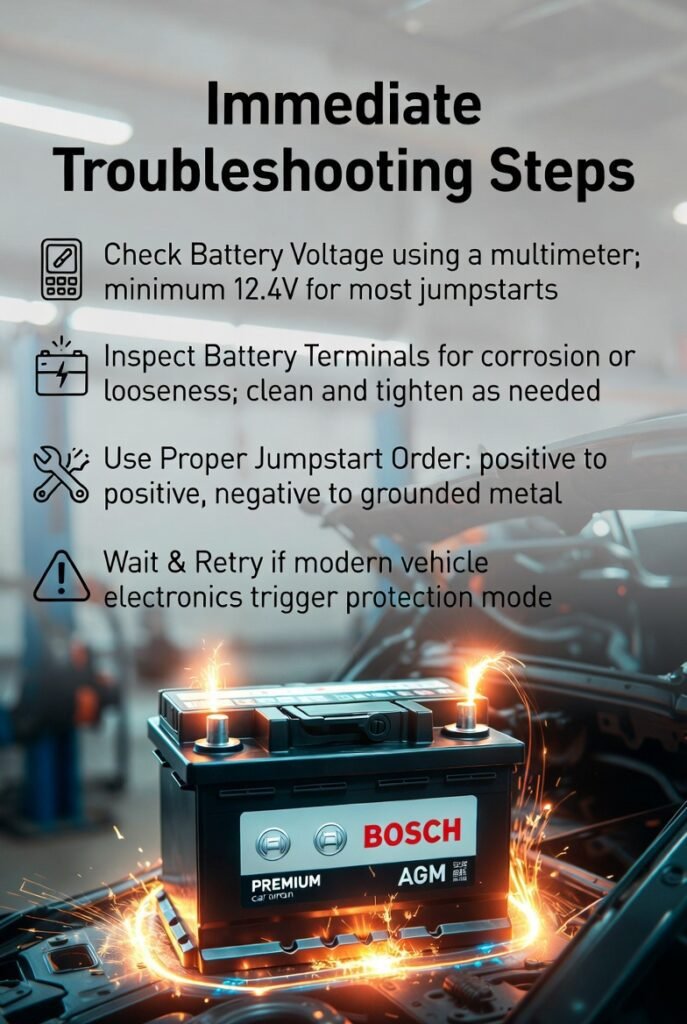 Immediate Troubleshooting Steps – User Guide Visual Feature image showing a premium car battery with glowing terminals and spark effects, title "Immediate Troubleshooting Steps" at the top, and four key steps displayed on the sides: check voltage, inspect terminals, use proper jumpstart order, wait & retry.