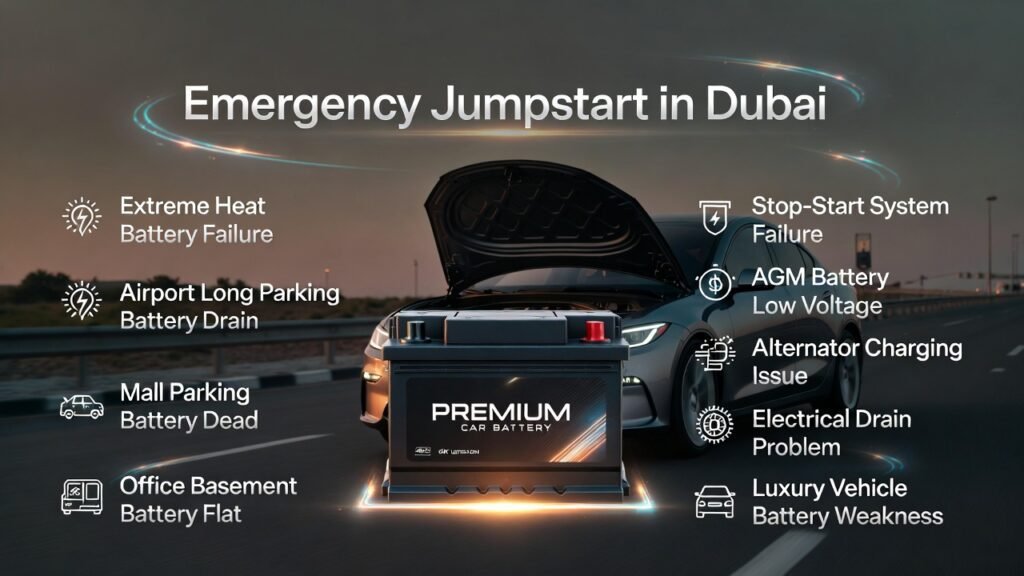 Premium car battery image with emergency jumpstart title at top and common battery failure causes in Dubai displayed as side infographic points.