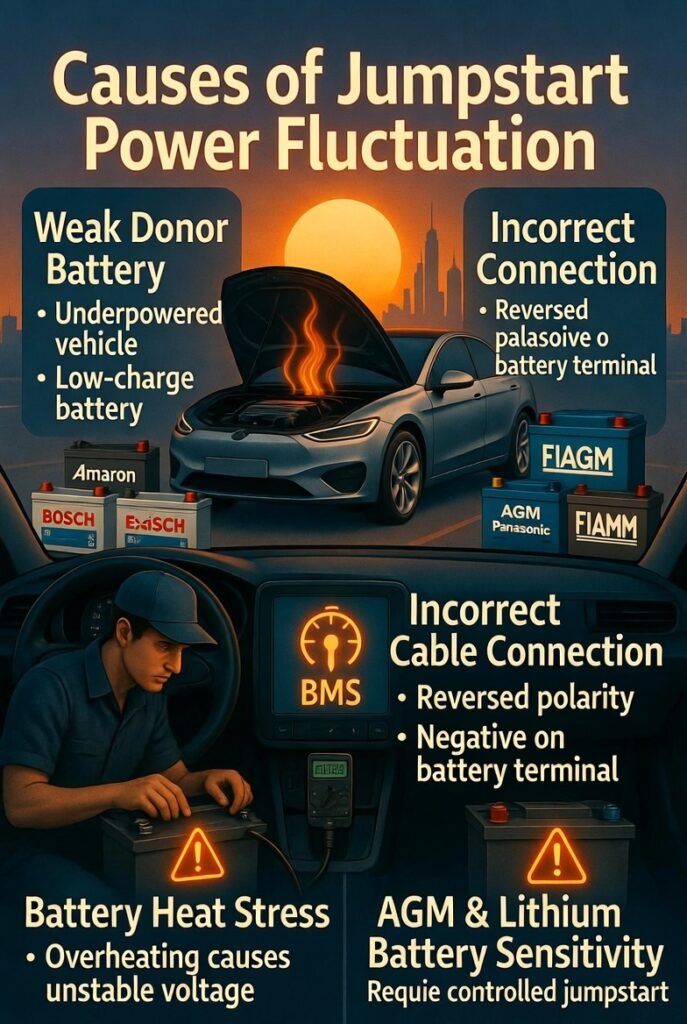 “Animated user guide showing a modern car in Dubai with highlighted battery, dashboard warnings for jumpstart power fluctuation, and causes such as weak donor battery, incorrect cable connection, heat stress, parasitic load, AGM/lithium sensitivity, and corroded terminals, with branded batteries like Amaron, Bosch, and Exide.”