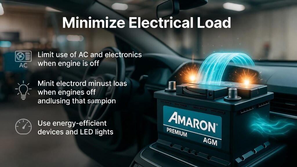 Feature image showing a premium car battery with animated energy flow, title "Minimize Electrical Load" at the top, and two key tips on the sides: limit AC/electronics use and use energy-efficient LED devices.