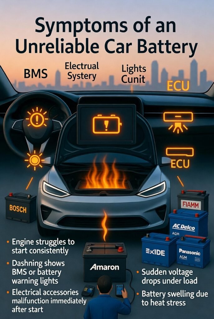 “Animated user guide showing a modern car in Dubai with hood open, dashboard warning lights glowing for BMS, battery, and ECU, flickering electrical accessories, and symptoms of an unreliable car battery, with branded batteries like Amaron, Bosch, Exide, AGM, Panasonic, FIAMM, and AC Delco highlighted.”