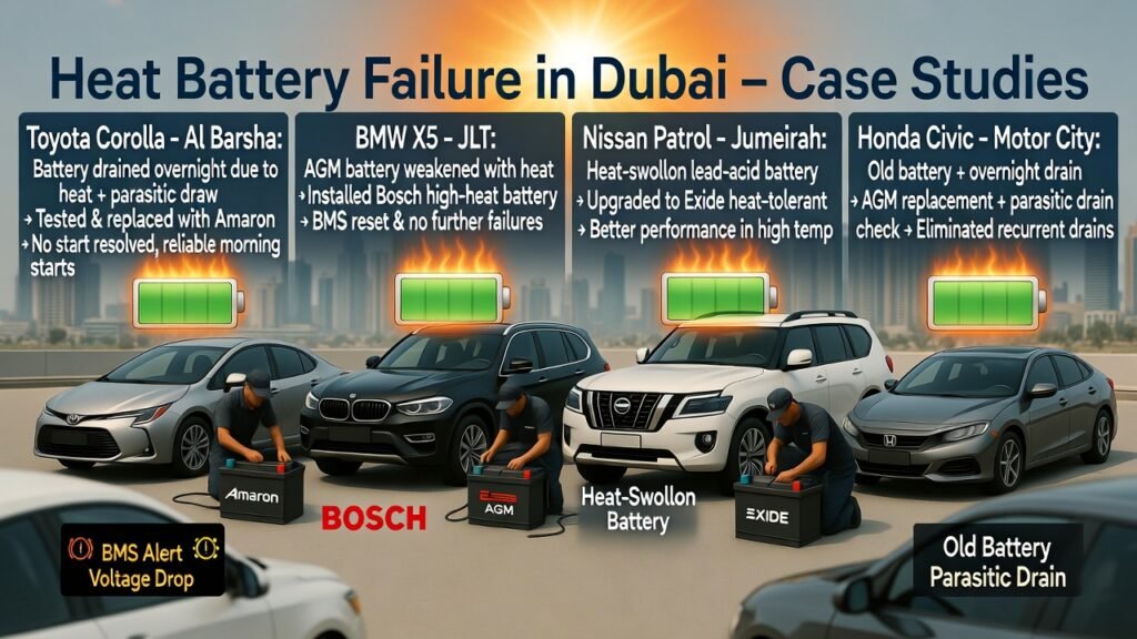 “Animated user guide showing real-world Dubai battery failure cases, including Toyota Corolla, BMW X5, Nissan Patrol, and Honda Civic under heat stress, with dashboard warnings and branded batteries like Amaron, Bosch, and Exide.”
