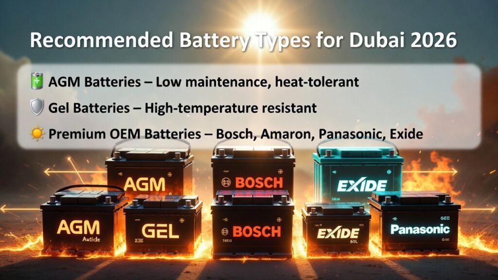 Feature image showing multiple premium car batteries (AGM, Gel, Bosch, Amaron, Panasonic, Exide) with glowing terminals and animated spark effects, title "Recommended Battery Types for Dubai 2026" at the top, and three recommended battery types displayed on the sides.