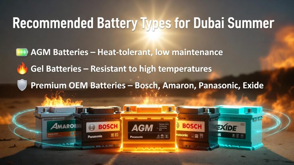 Feature image showing a lineup of premium car batteries (Amaron, Bosch, Panasonic, Exide, AGM) with animated glow effects, title "Recommended Battery Types for Dubai Summer" at the top, and three key bullet points on the sides describing AGM, Gel, and OEM battery types.