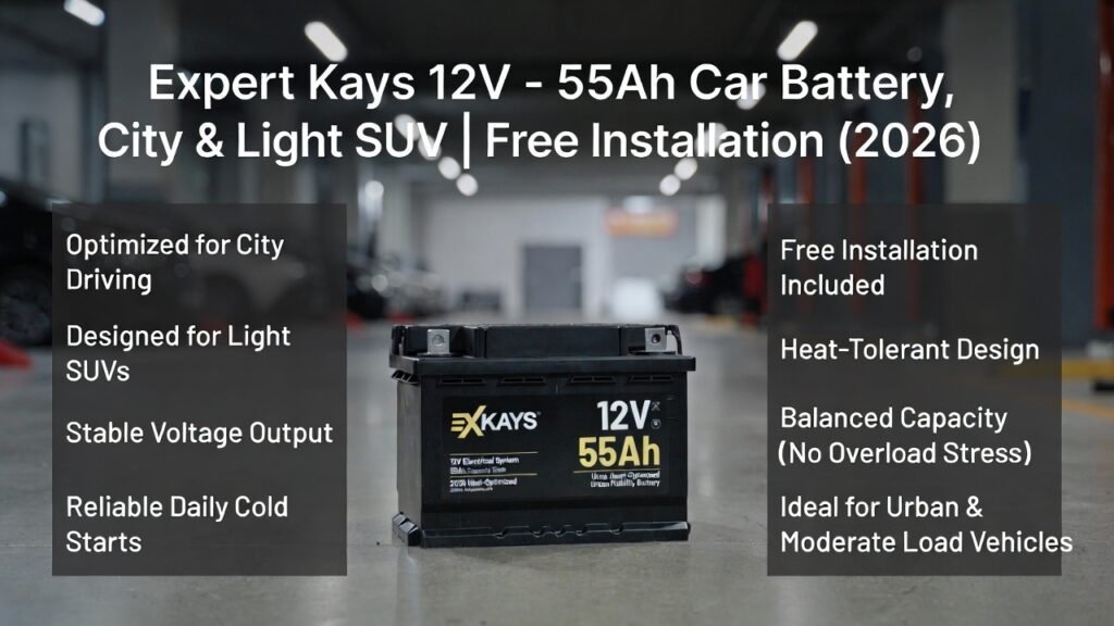 Create a premium, technical service-focused promotional image for “Expert Kays 12V – 55Ah Car Battery (City & Light SUV) – Free Installation 2026” 🔹 Scene & Environment Clean Dubai 2026 urban setting Neutral background: modern garage / service bay / city parking area No people No clutter Calm, professional atmosphere 🔹 Main Subject (CENTER) Kays 12V – 55Ah Car Battery shown clearly Battery label must visibly show: 12V 55Ah Battery positioned upright, sharp focus, realistic texture 🔹 Heading Placement (TOP – VERY CLEAR) Expert Kays 12V – 55Ah Car Battery City & Light SUV | Free Installation (2026) 🔹 Information Layout (MANDATORY) Battery in the center, with structured info panels on both sides (looks like engineering / service documentation) 🔹 Left Side Panel – Technical Suitability Optimized for City Driving Designed for Light SUVs Stable Voltage Output Reliable Daily Cold Starts 🔹 Right Side Panel – Service & Use Case Free Installation Included Heat-Tolerant Design Balanced Capacity (No Overload Stress) Ideal for Urban & Moderate Load Vehicles 🔹 Bottom Micro-Labels (Optional but Premium) 12V Electrical System 55Ah Capacity Class 2026 Heat-Optimized Urban Mobility Battery 🔹 Design Language Technical Trust-focused Informational (not salesy) No marketing hype words 🎨 Color Palette Dark grey / black background White typography Subtle electric blue or metallic silver accents Industrial battery-tone realism 🔠 Typography Clean sans-serif Engineering dashboard style High readability Professional spacing 🧠 Visual Message Must Communicate Correct battery selection Technical clarity Urban reliability Professional installation service No confusion, no exaggeration 📸 Output Quality Ultra-realistic 4K resolution Website hero image ready Battery service landing page compliant Google 2026 content-quality aligned